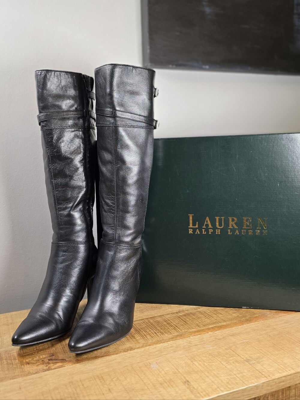 Ralph Lauren Black Leather Knee-High Stiletto Boots 6B